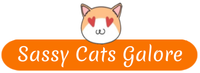 Sassy Cats Galore Store Logo. Orange bar with store name and cute cat head with heart eyes. 