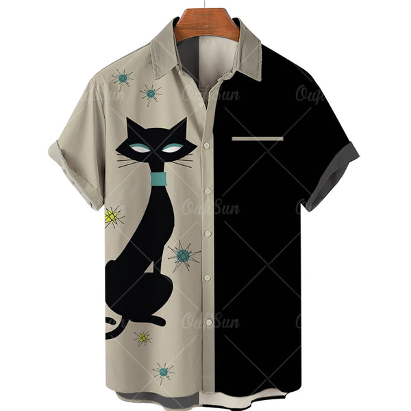 (HCS-43) Men's Cat Print Hawaiian Style Shirt