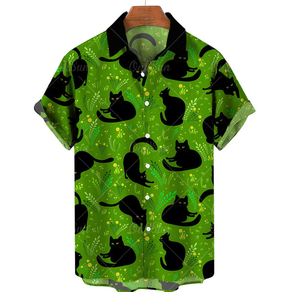 (HCS-37) Men's Cat Print Hawaiian Style Shirt