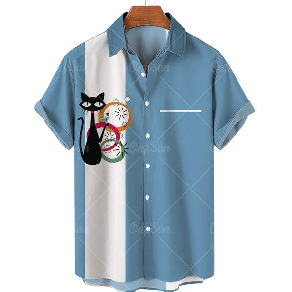 (HCS-42) Men's Cat Print Hawaiian Style Shirt