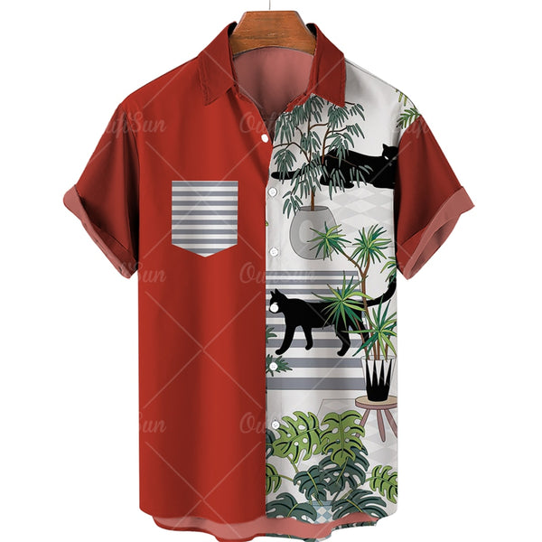 (HCS-38) Men's Cat Print Hawaiian Style Shirt