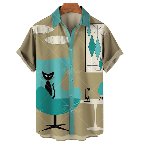 (HCS-45) Men's Cat Print Hawaiian Style Shirt