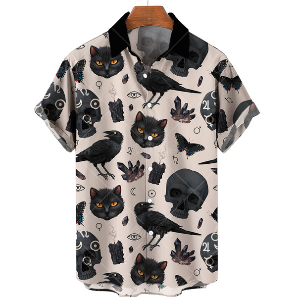 (HCS-39) Men's Cat Print Hawaiian Style Shirt