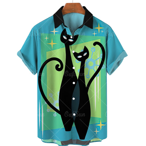 (HCS-44) Men's Cat Print Hawaiian Style Shirt