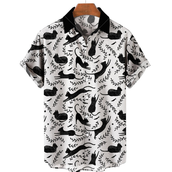 (HCS-40) Men's Cat Print Hawaiian Style Shirt