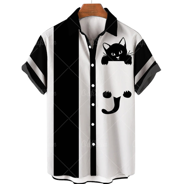 (HCS-46) Men's Cat Print Hawaiian Style Shirt